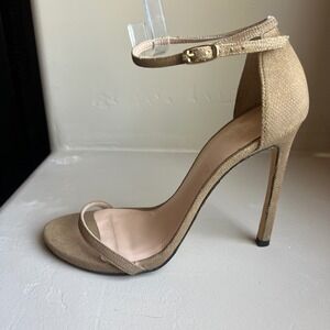 Stuart Weitzman Women 9.5-10 Nudist Tan Texture Ankle Strap Stiletto Heel Sandal